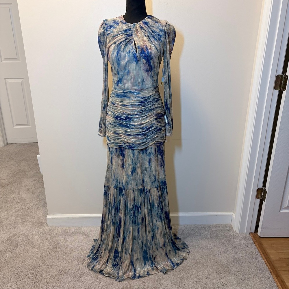 Dress The Population Blue Metallic Plisse Ruched Tiered Maxi Gown XXL
